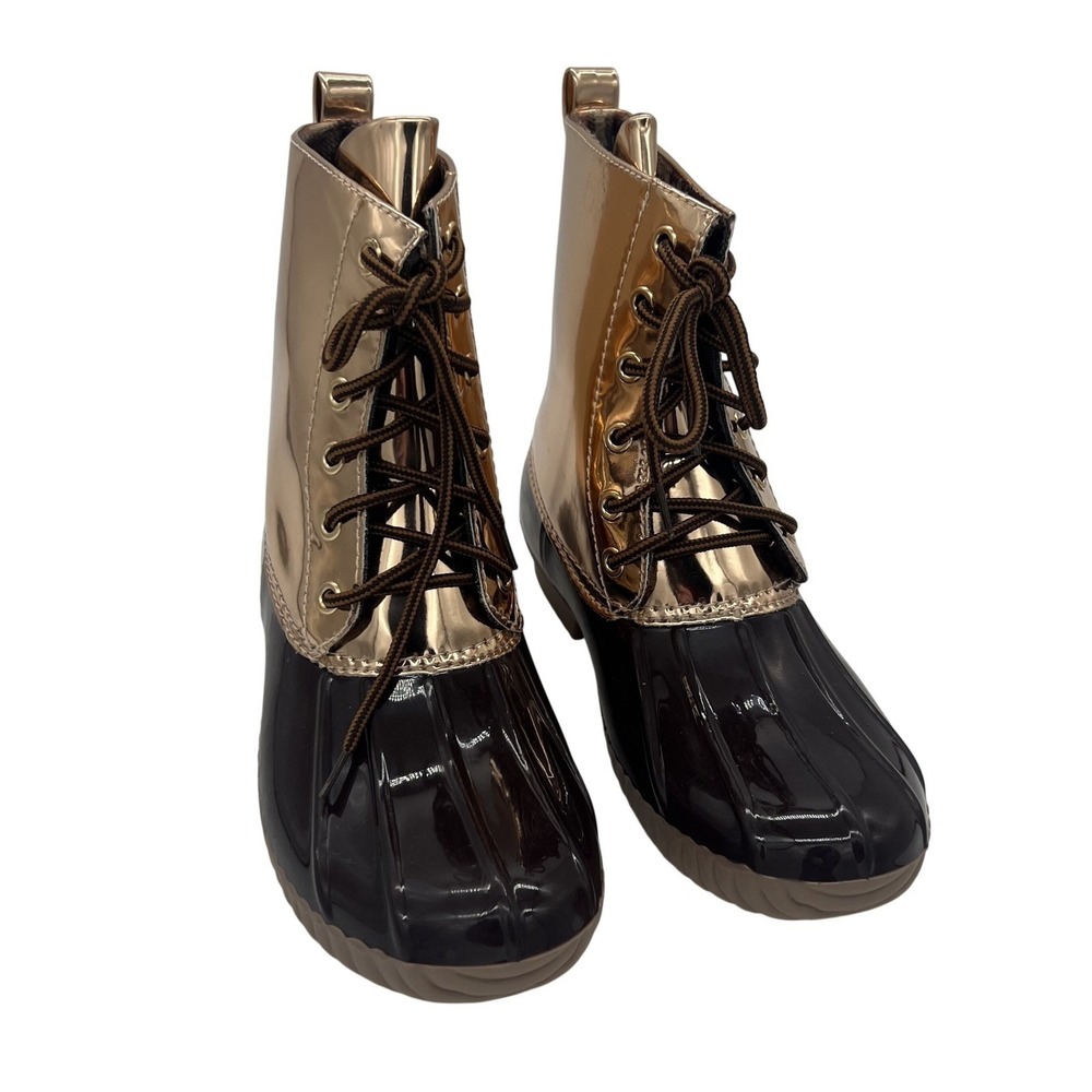 Women's Metallic Rose Gold & Brown Duck Boots Lace Up Ankle Rain Boots Size 8